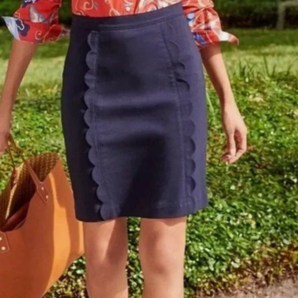 J. McLaughlin Skirt‎ Womens 6 Navy Blue Scallop Hem Cotton Blend Classic Career